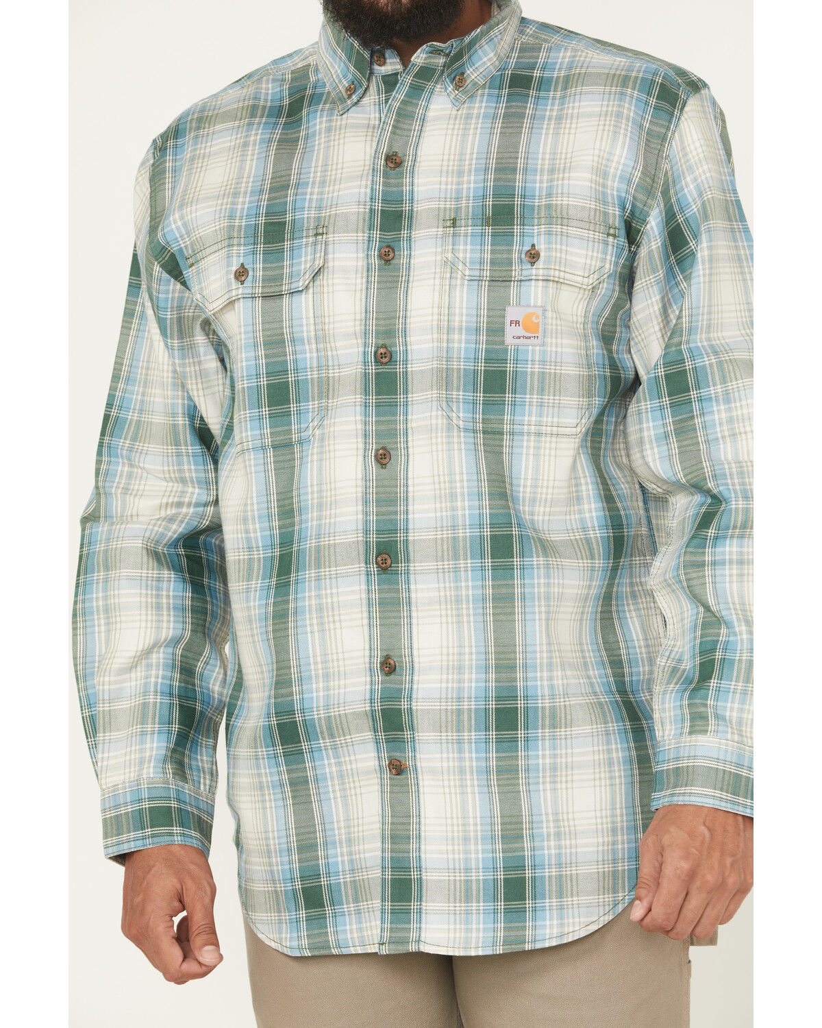 Image #3 - Carhart Men's FR Force Rugged Flex® Loose Fit Midweight Plaid Print Long Sleeve Button-Down Work Shirt, Blue, hi-res