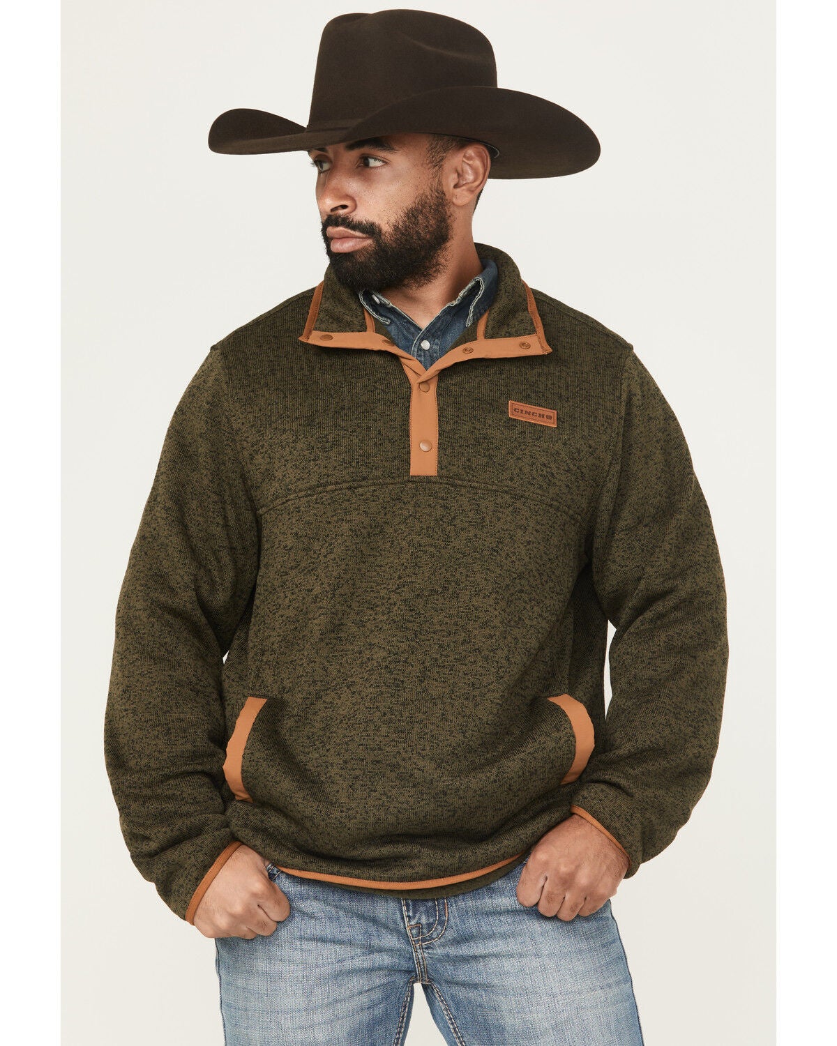 Cinch Men's Solid 1/4 Snap Pullover, Olive, hi-res