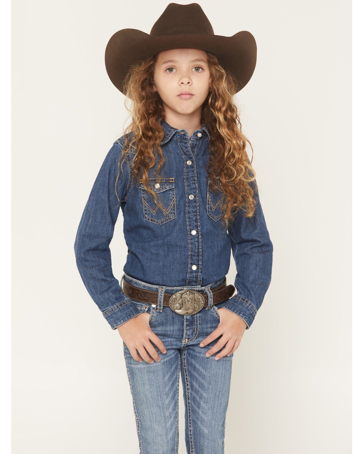 Wrangler Girls' Embroidered Denim Long Sleeve Pearl Snap Western Shirt, Blue, hi-res