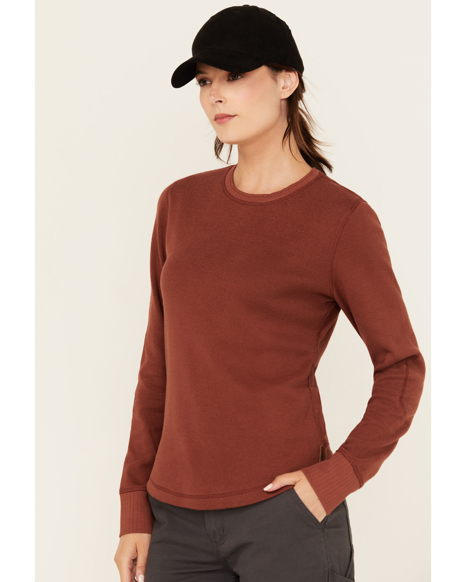 Image #2 - Lucky Brand Workwear Women's Ribbed Trim Long Sleeve Shirt, Brandy Brown, hi-res