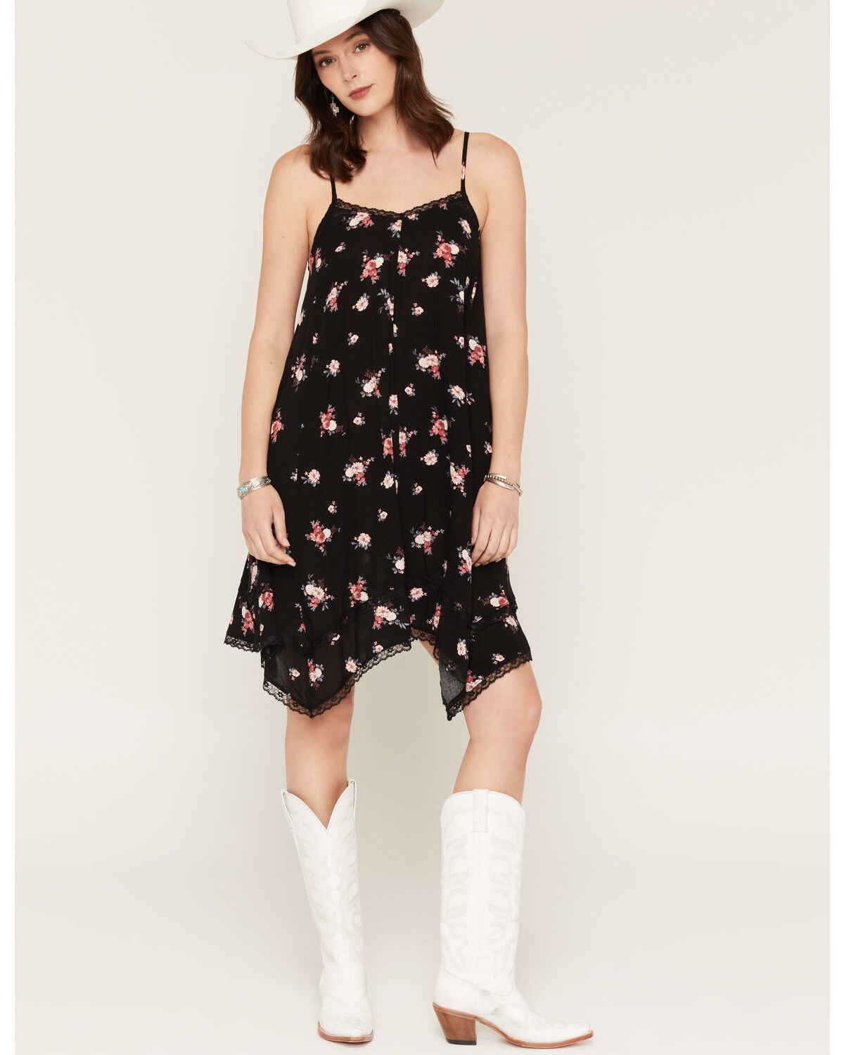 Wild Moss Women's Floral Print Hanky Hem Mini Dress, Black, hi-res