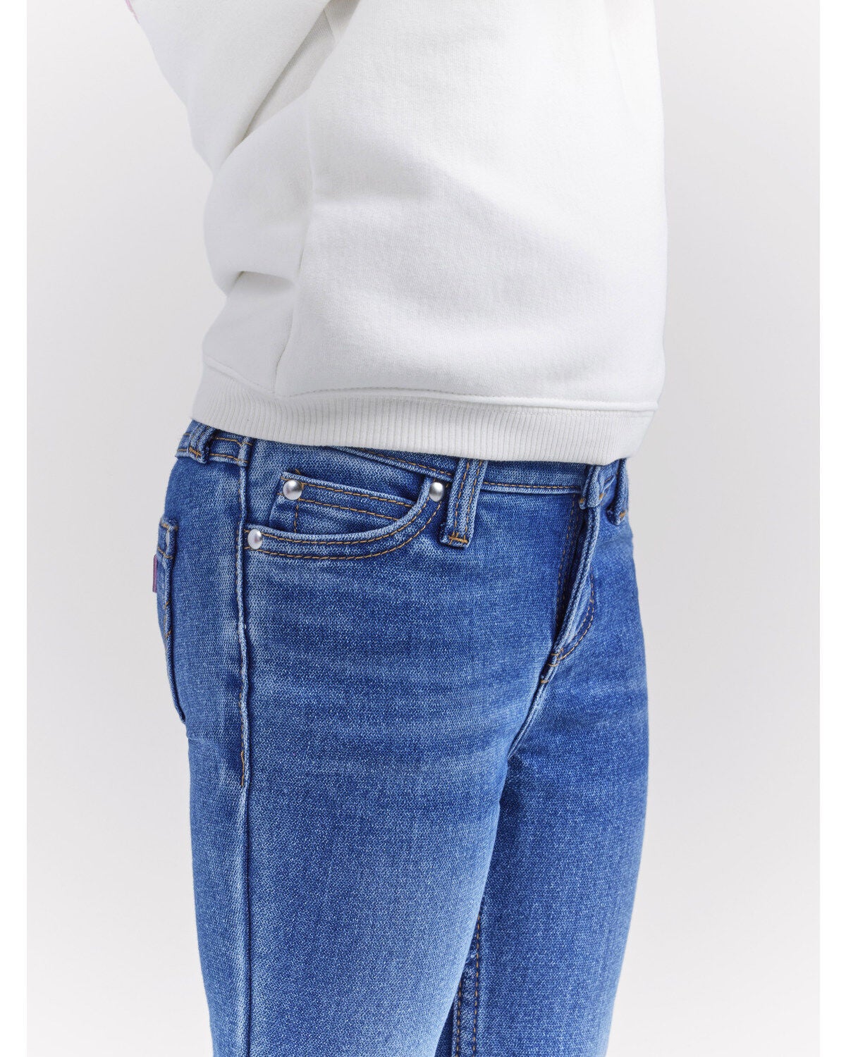 Image #3 - Wrangler&reg; X Barbie&trade; Girls' Medium Wash Mid Rise Pink Patch Stretch Flare Jeans, Medium Wash, hi-res