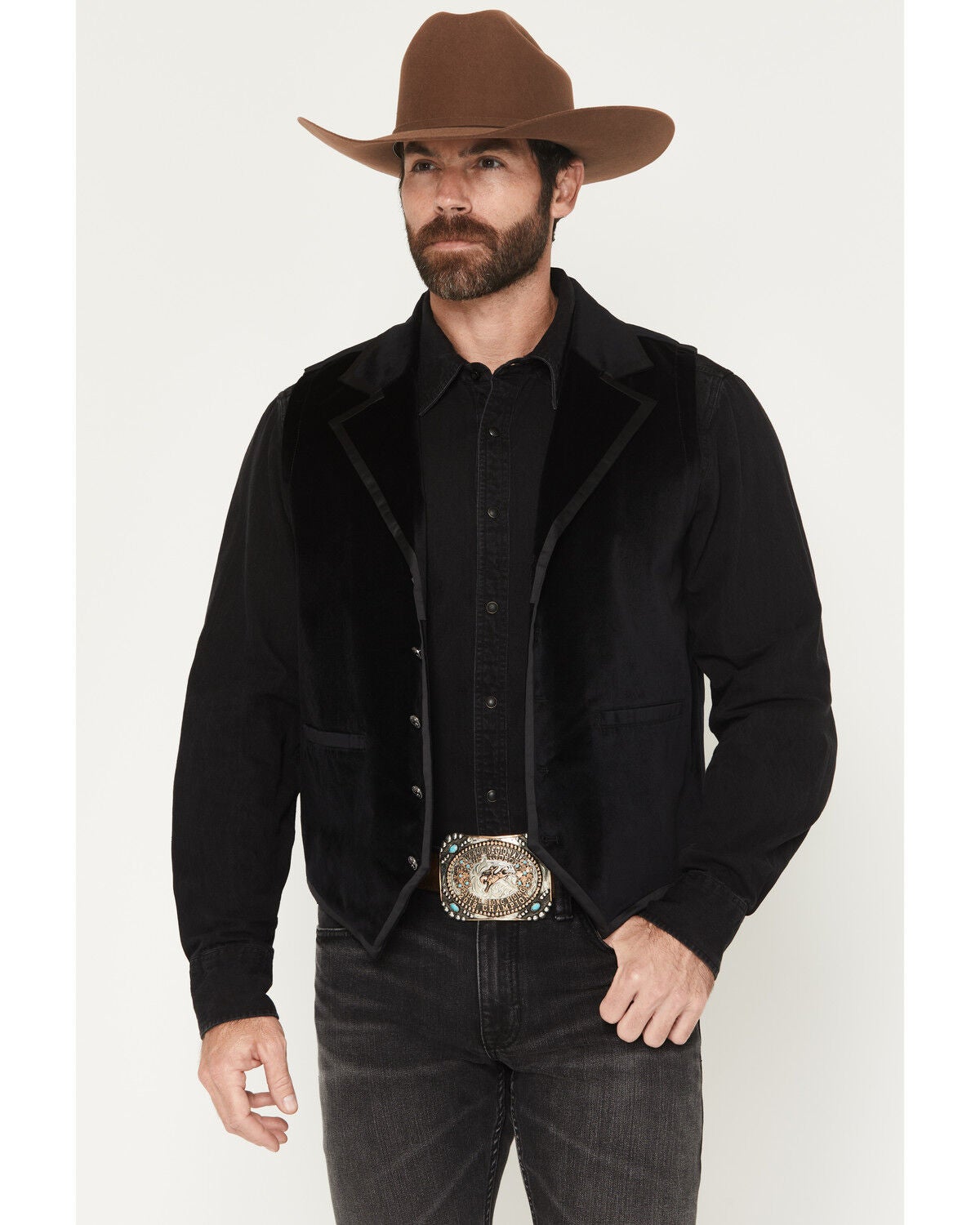 Moonshine Spirit&reg; Men's Single Breasted Velvet Vest, Black, hi-res