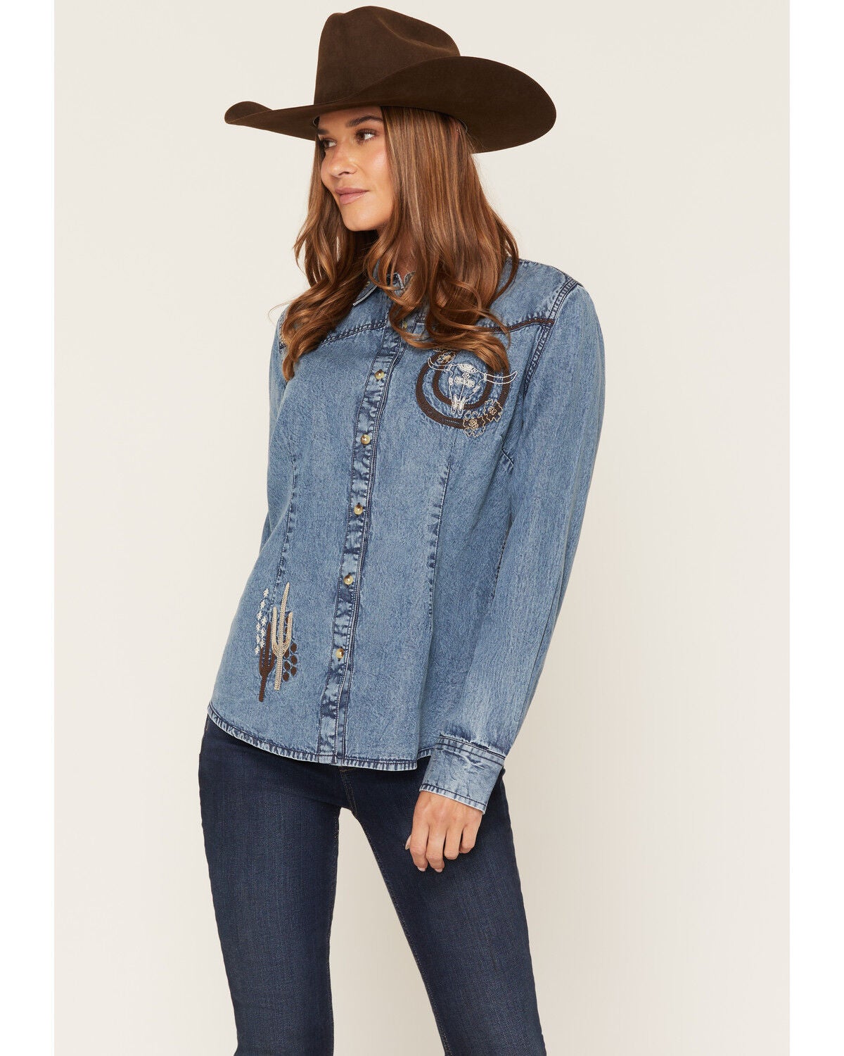 Shyanne Women's Ironwood Embroidered Long Sleeve Button-Down Woven Shirt, Light Medium Wash, hi-res