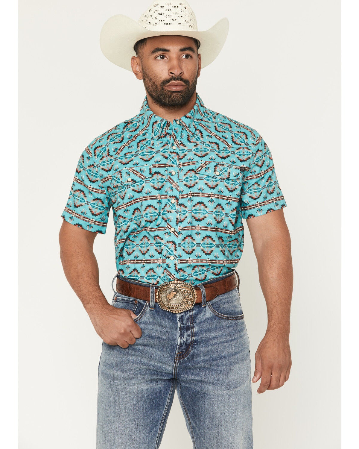 Rock & Roll Denim Men's TEK Southwestern Print Short Sleeve Snap Western Shirt, Turquoise, hi-res