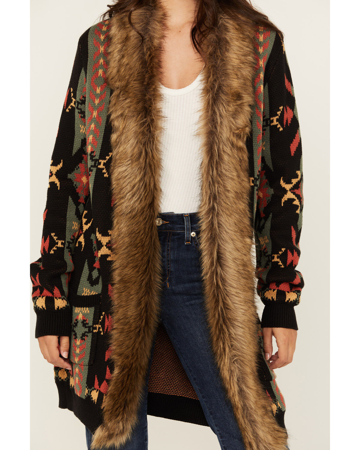 Image #3 - Panhandle Women's Southwestern Print Fur Trim Cardigan, , hi-res