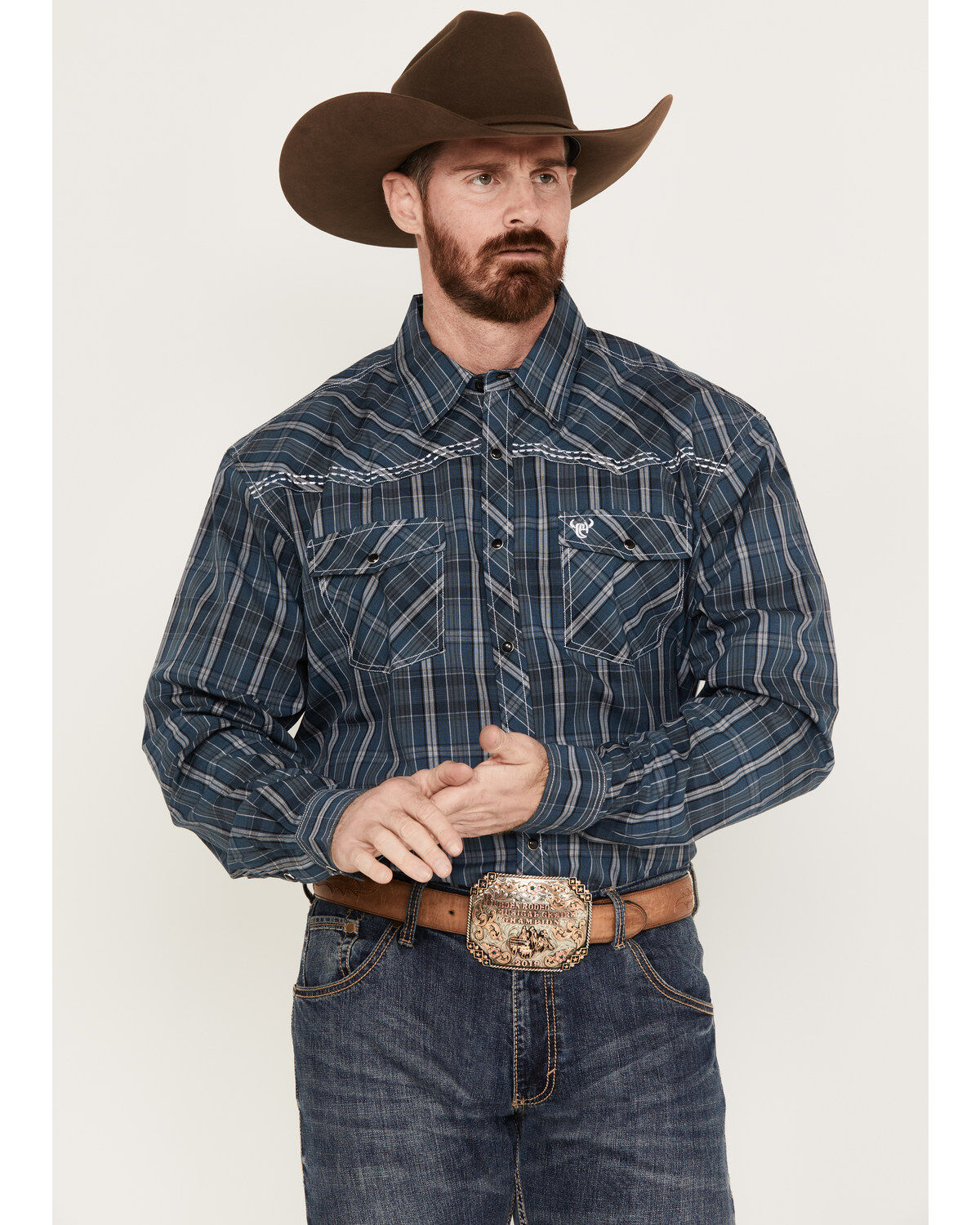 Image #1 - Cowboy Hardware Men's Arroyo Plaid Print Long Sleeve Western Snap Shirt, Blue, hi-res