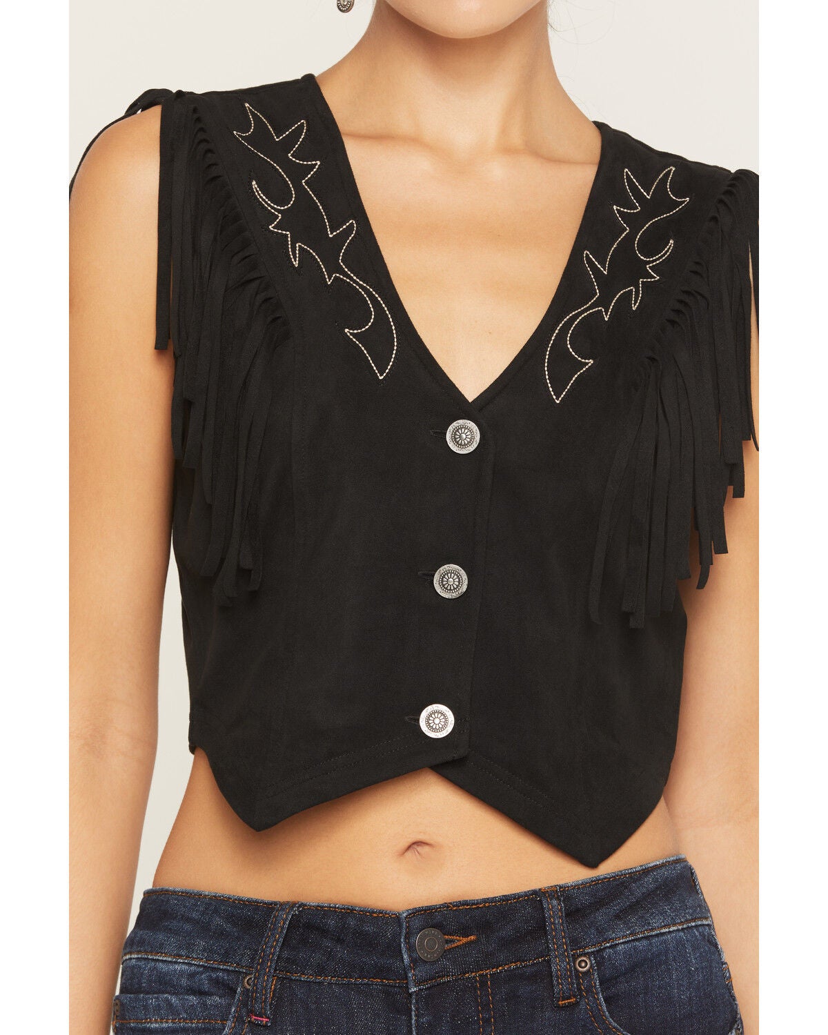 Image #3 - Idyllwind Women's Charlotte Faux Suede Fringe Button-Down Cropped Vest, Black, hi-res