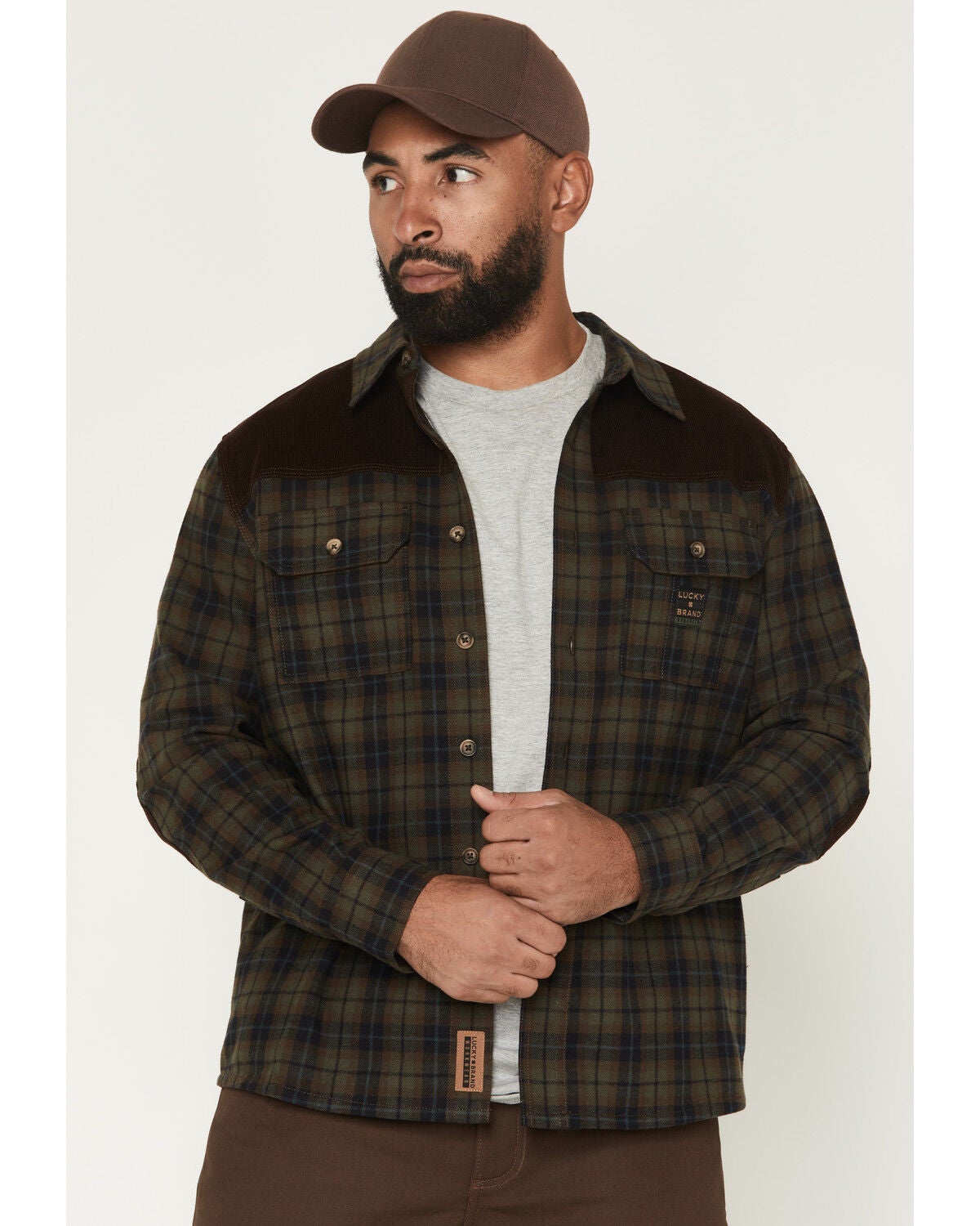 Lucky Brand Workwear Men's Plaid Print Flannel Corduroy Yoke Work Shirt, Olive, hi-res