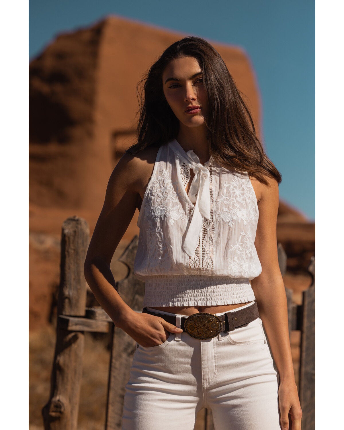 Shyanne Women's Sleeveless Embroidered Halter Top, White, hi-res