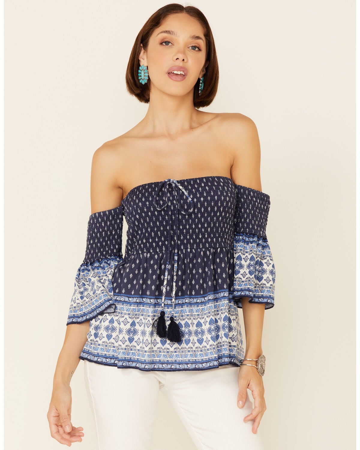 Temped Women's Border Print Smocked Off Shoulder Short Sleeve Top, Navy, hi-res