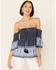 Image #1 - Temped Women's Border Print Smocked Off Shoulder Short Sleeve Top, Navy, hi-res