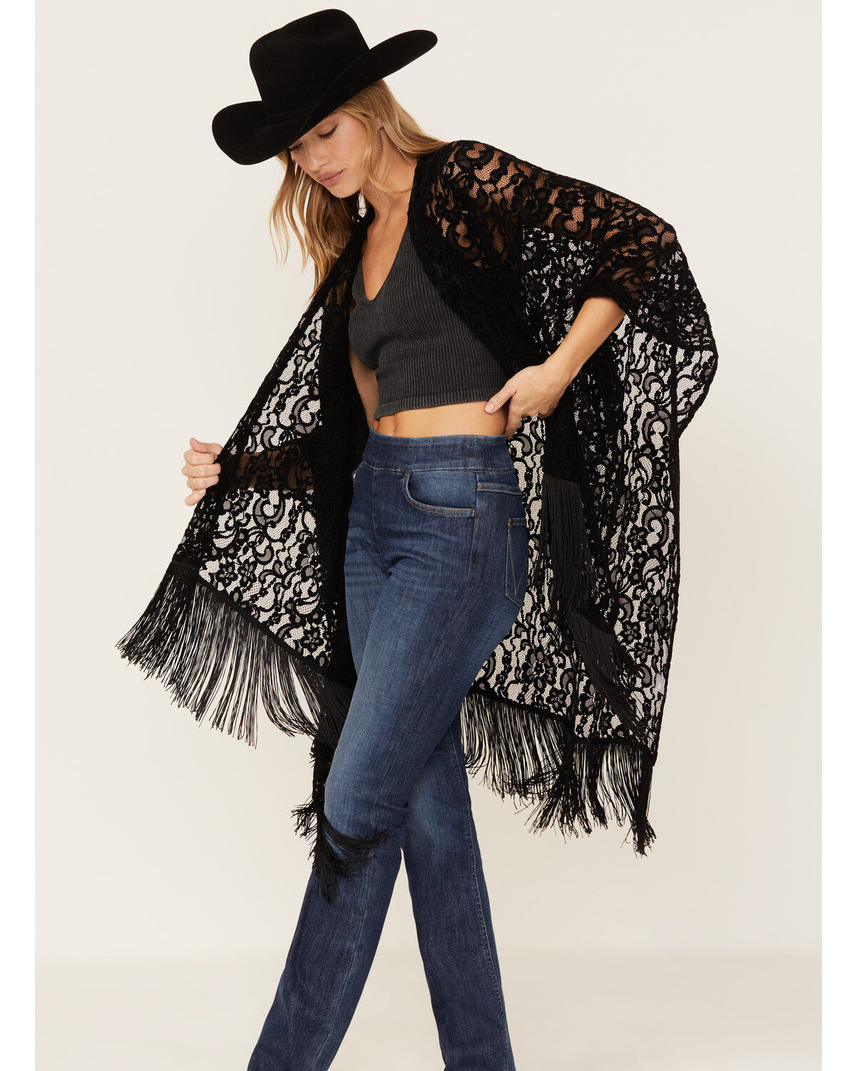 Image #1 - Shyanne Women's Floral Lace Fringe Shawl, Black, hi-res