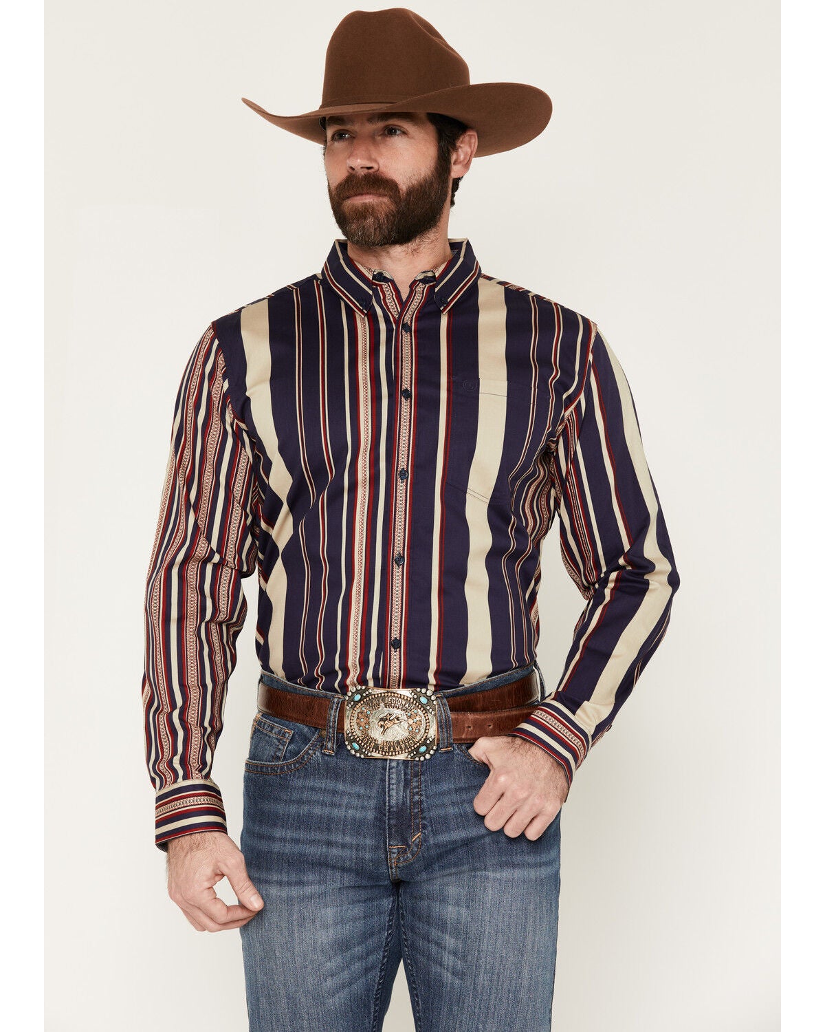 Cody James Men's Red Dog Southwestern Stripe Print Long Sleeve Button-Down Stretch Western Shirt, Navy, hi-res