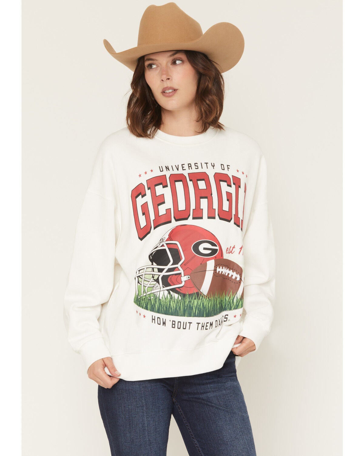 Gameday Women's UGA Bulldogs Helmet Embroidered Graphic Crewneck, White, hi-res