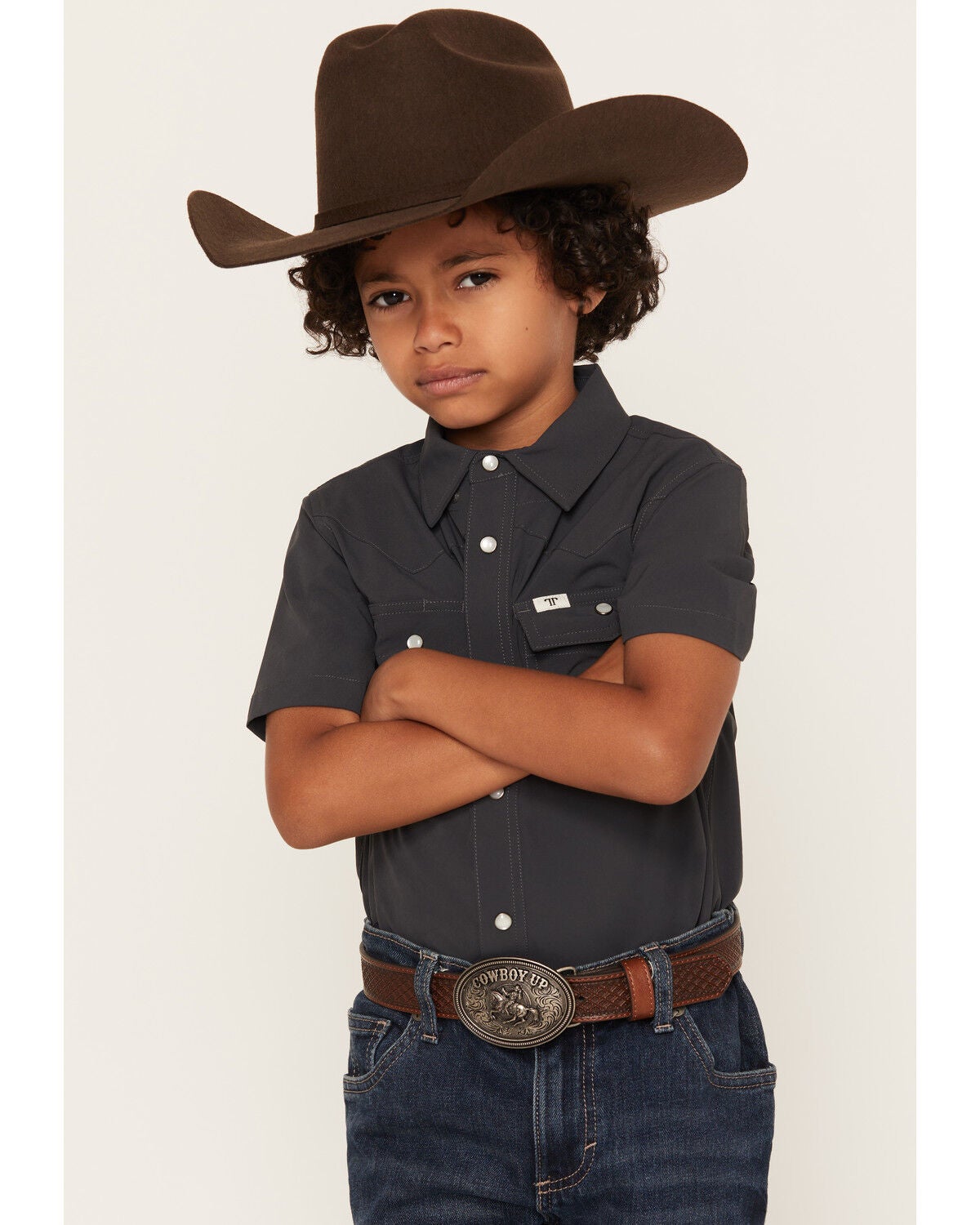 Image #1 - Ferrell Boys' Core Tek Solid Short Sleeve Snap Performance Western Shirt, Grey, hi-res