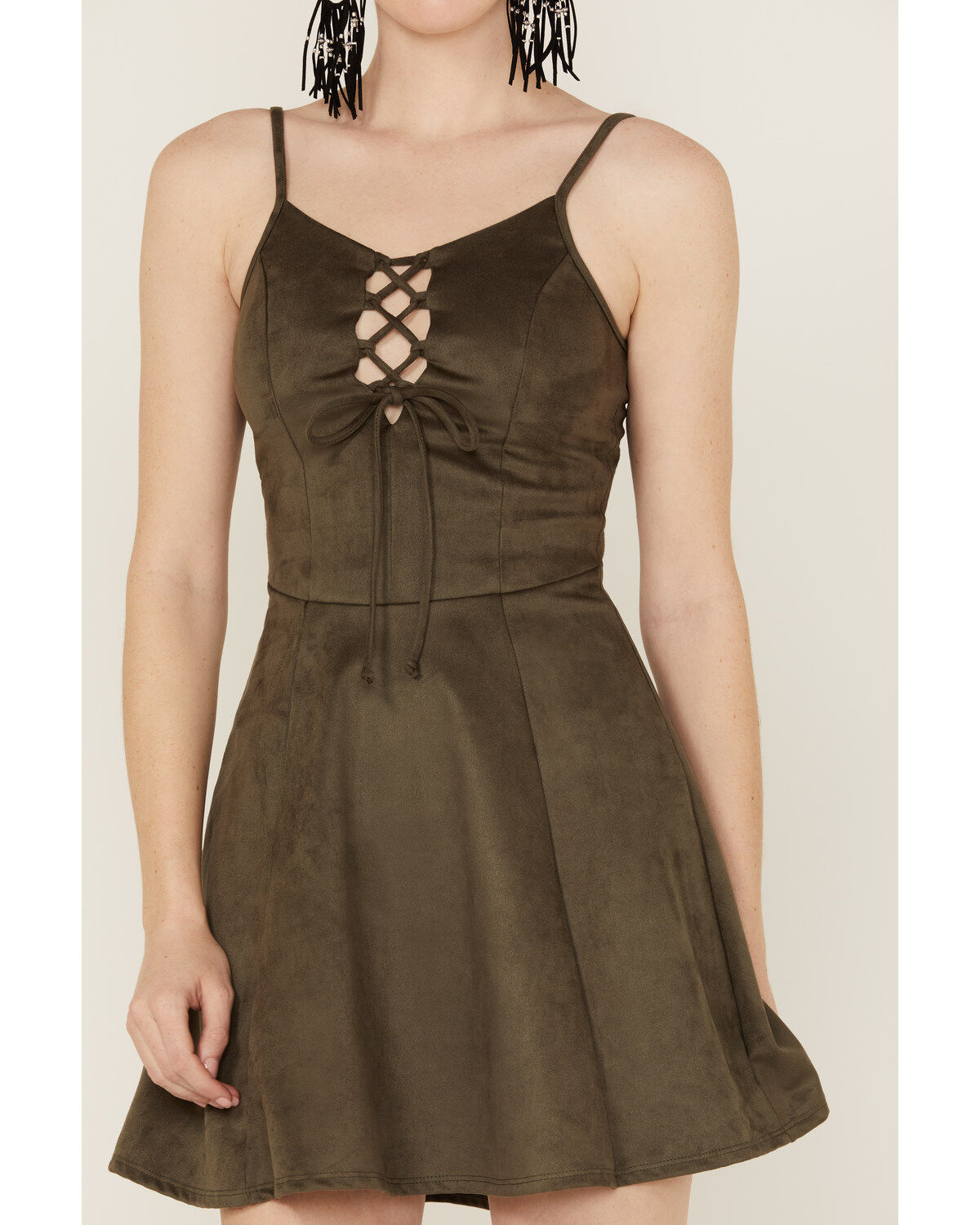 Image #3 - Wild Moss Women's Tie Front Faux Suede Mini Dress, , hi-res