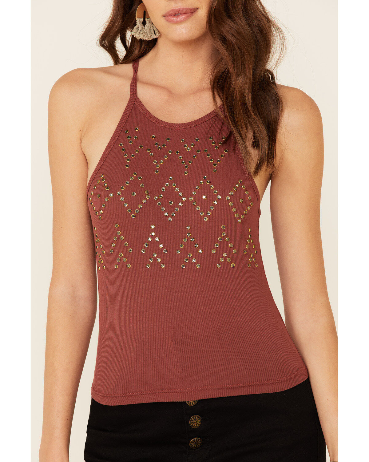 Image #3 - Rock & Roll Denim Women's Rust Studded Ribbed Tank Top, Rust Copper, hi-res