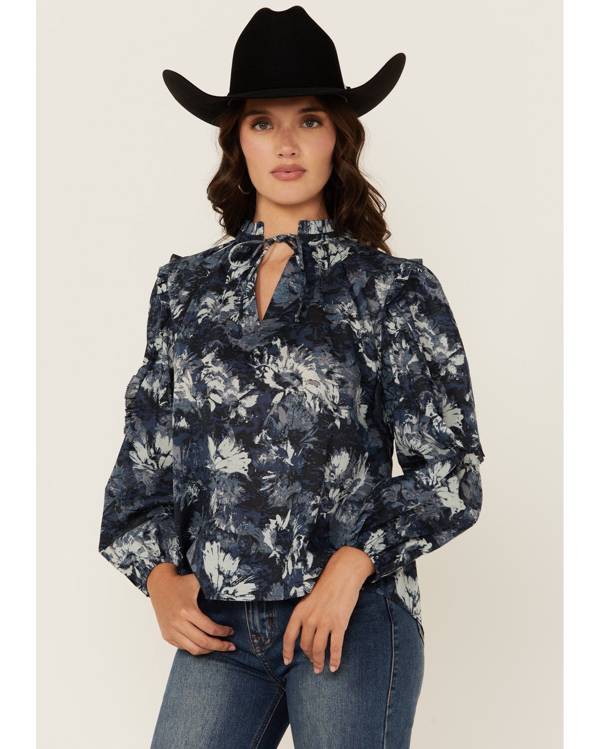 Revel Women's Floral Print 3/4 Sleeve Top, Blue, hi-res