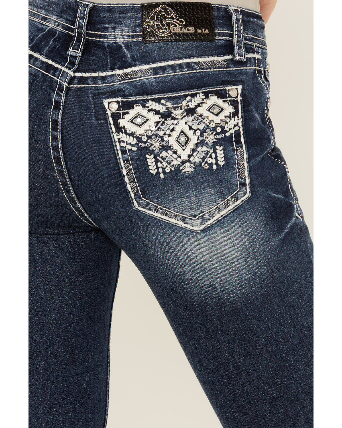 Image #2 - Grace in LA Women's Medium Wash Mid Rise Geo Pocket Stretch Bootcut Jeans, , hi-res