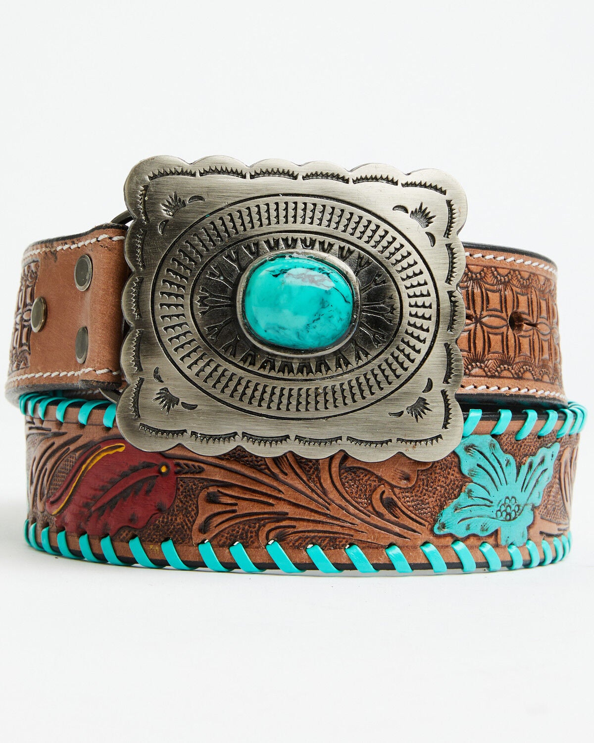 Myra Bag Women's Tropical Forest Hand-Tooled Leather Belt, Brown, hi-res