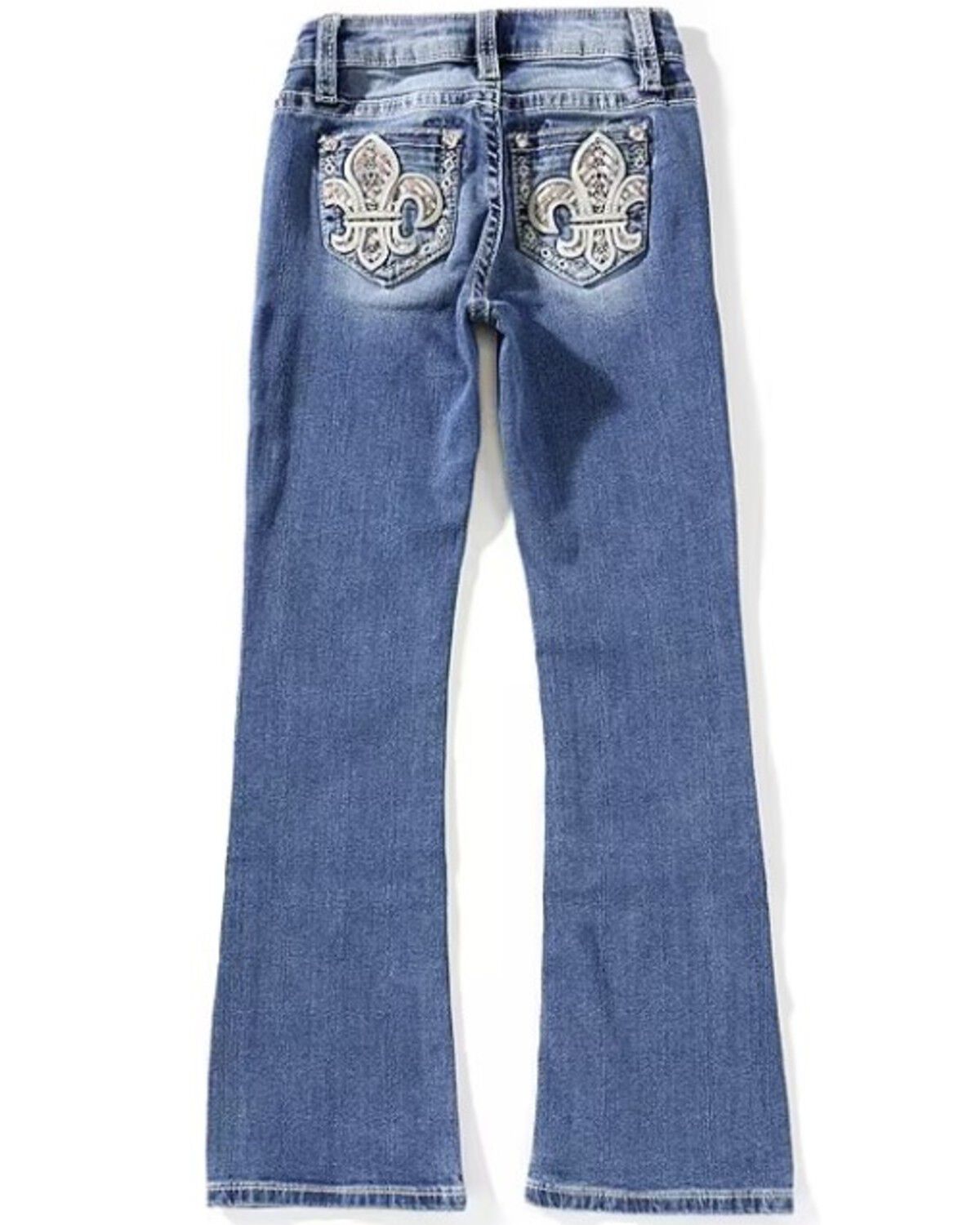 Image #1 - Miss Me Girls' Medium Wash Fleur de Lis Pocket Bootcut Denim Jeans, Medium Wash, hi-res
