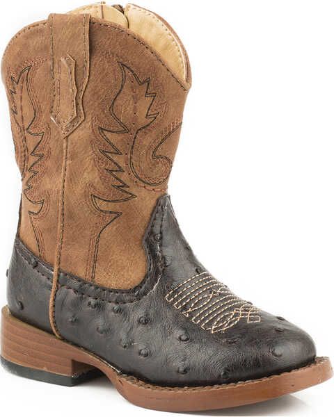 Image #1 - Roper Boys' Ostrich Print Western Boots - Square Toe, Brown, hi-res