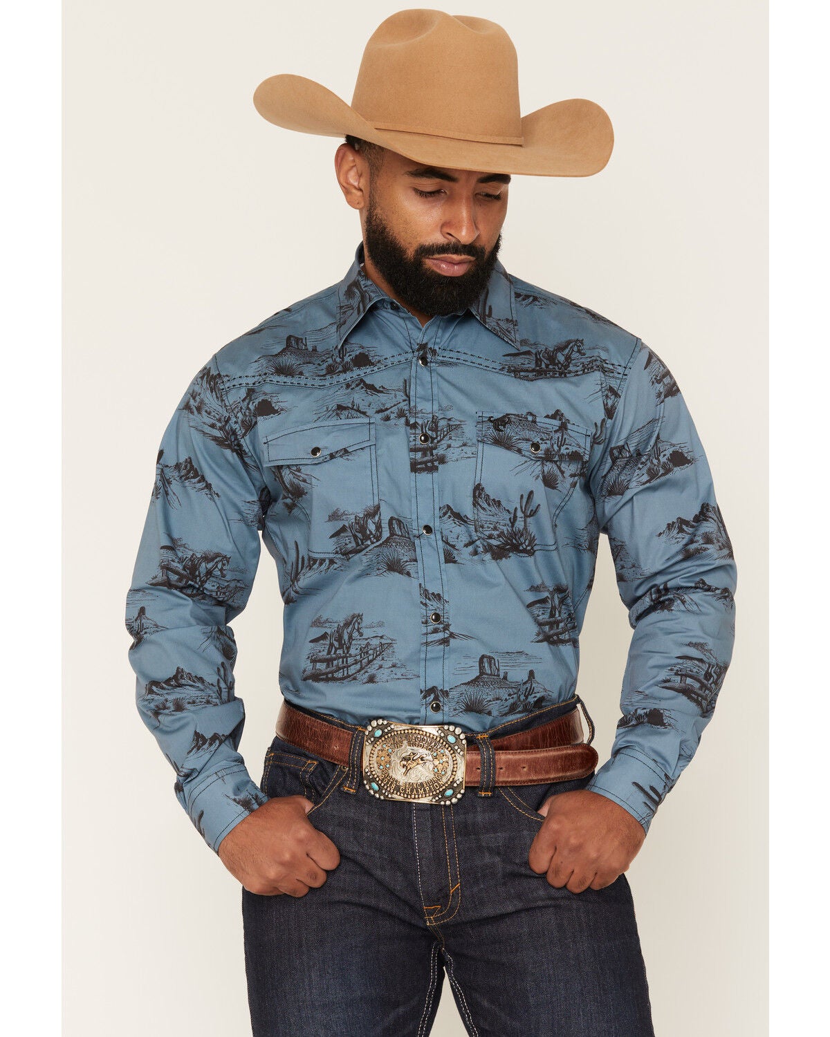 Cowboy Hardware Men's Western Scenery Print Long Sleeve Snap Stretch Western Shirt, Indigo, hi-res