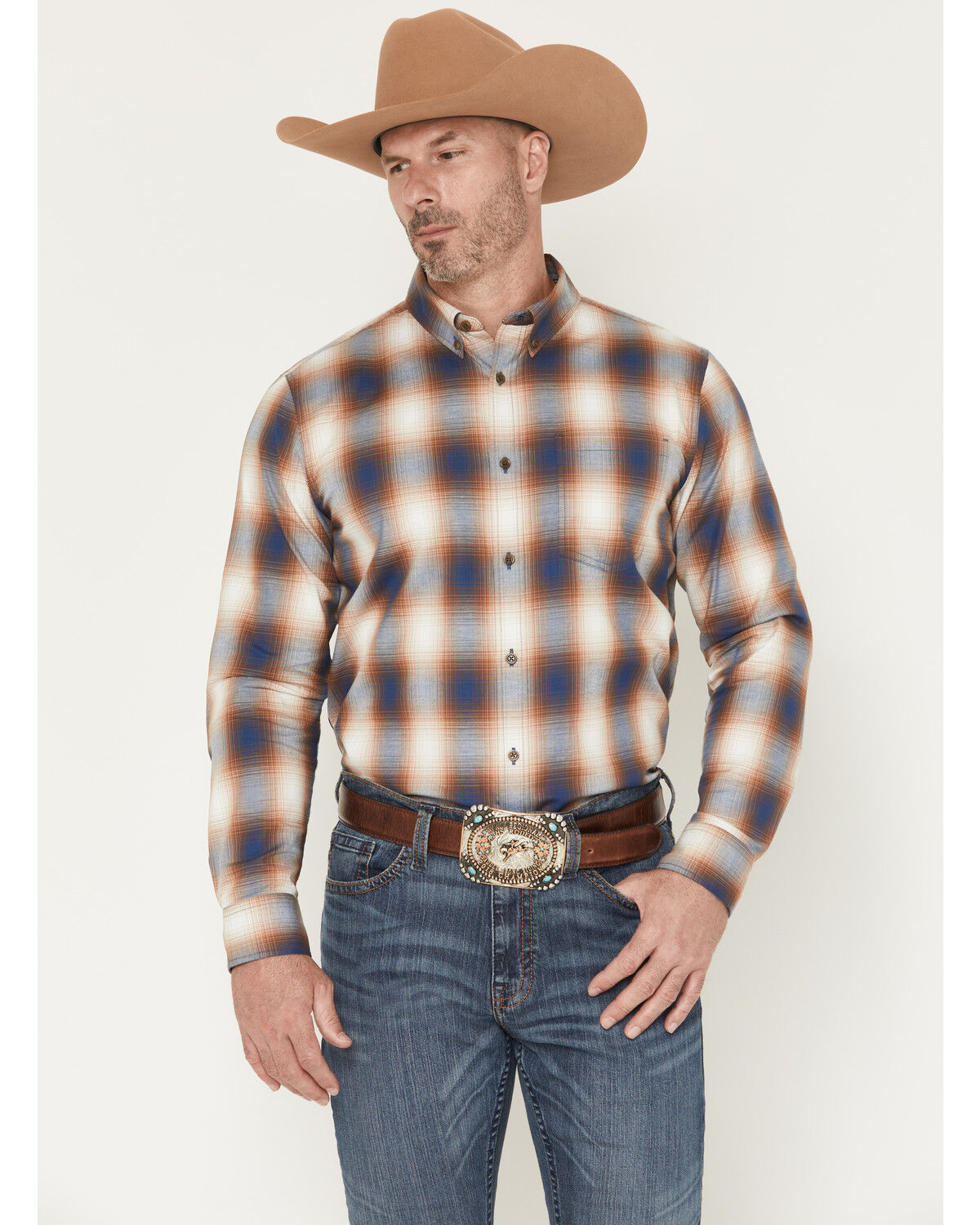 Image #1 - Cody James Men's Warner Plaid Print Long Sleeve Button-Down Stretch Western Shirt, Tan, hi-res