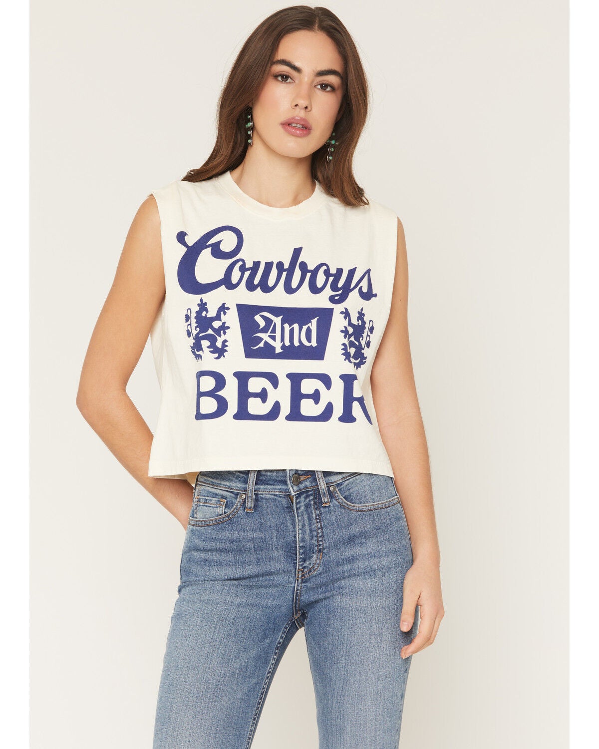 Country Deep Women's Cowboys And Beer Graphic Muscle Tank, Cream, hi-res