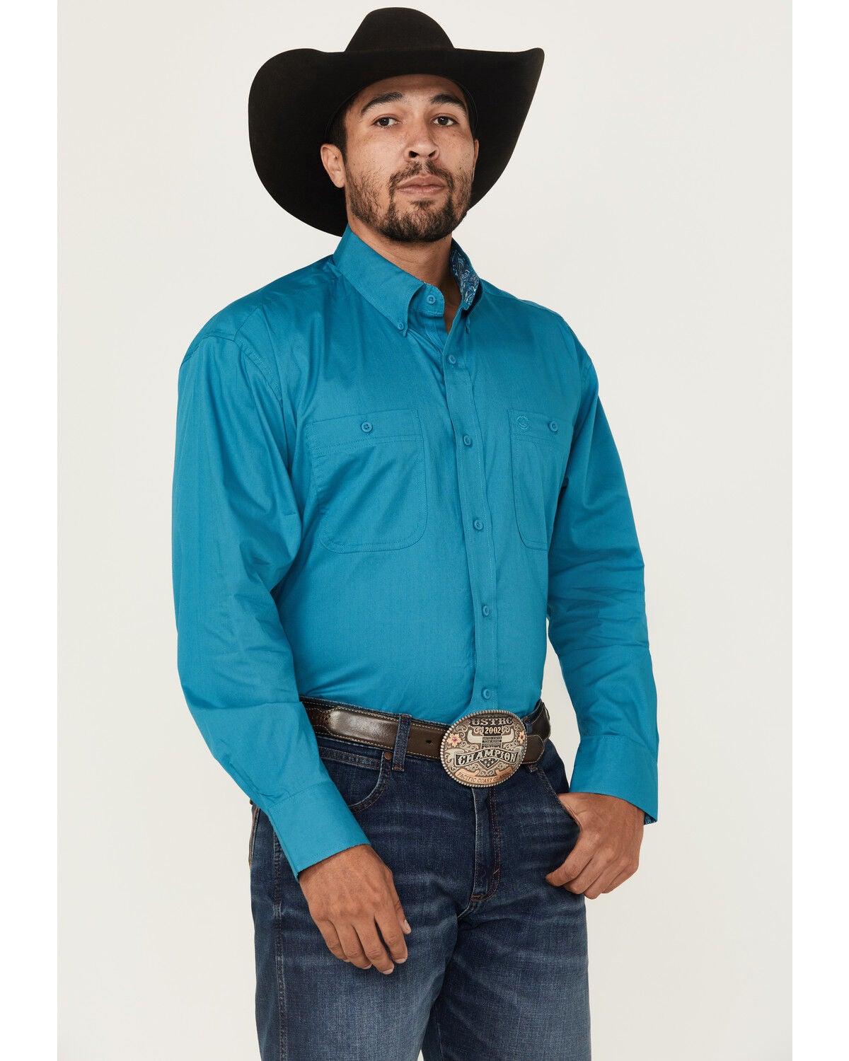 George Strait by Wrangler Men's Solid Long Sleeve Button-Down Stretch Western Shirt, Teal, hi-res