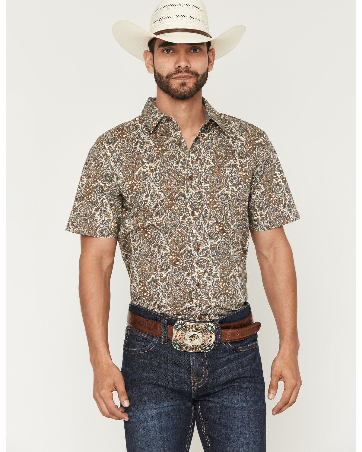 Image #1 - Cody James Men's Wells Floral Paisley Print Short Sleeve Button-Down Stretch Western Shirt, Rust Copper, hi-res