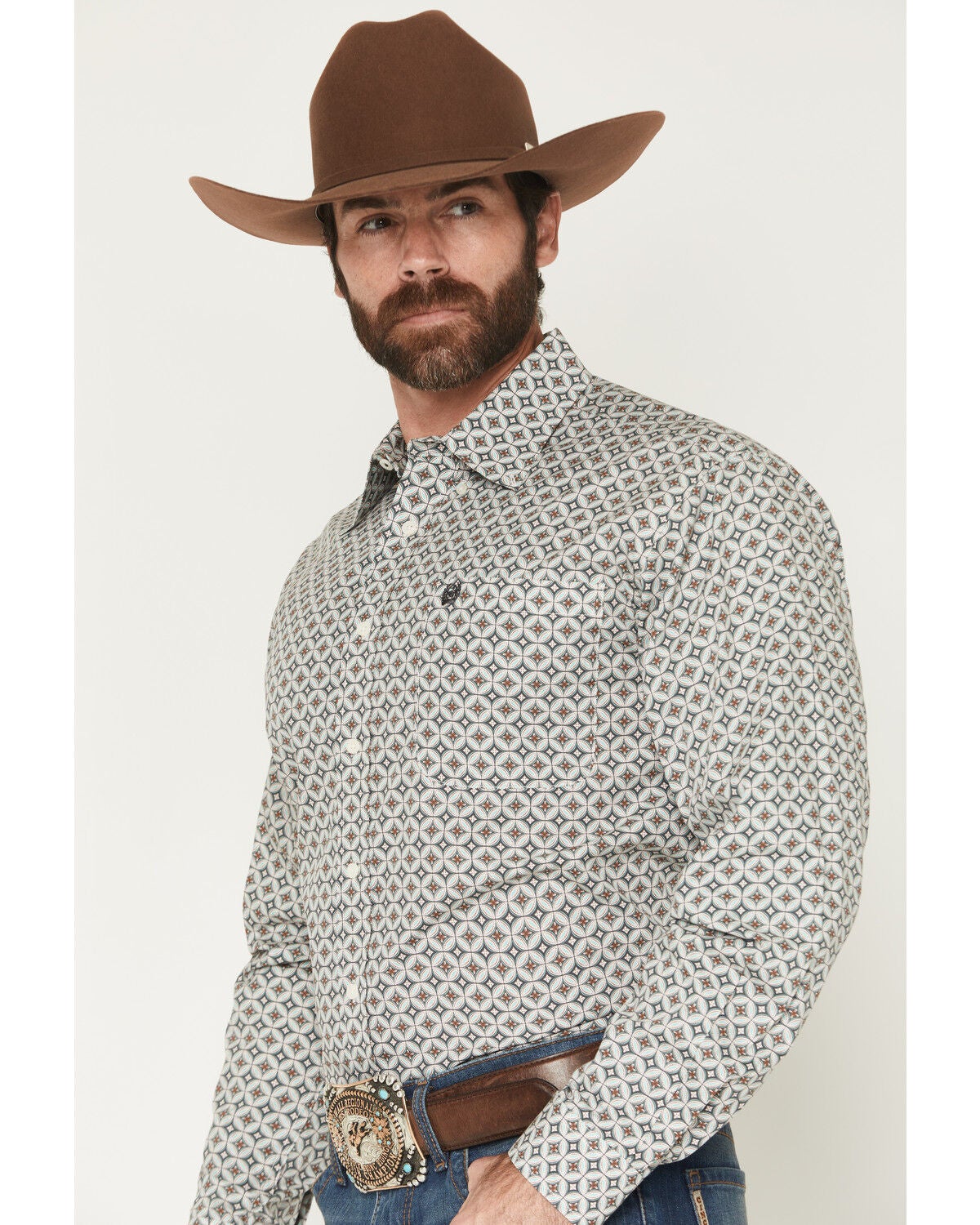 Image #2 - Cinch Men's Geo Print Long Sleeve Button-Down Western Shirt, Cream, hi-res