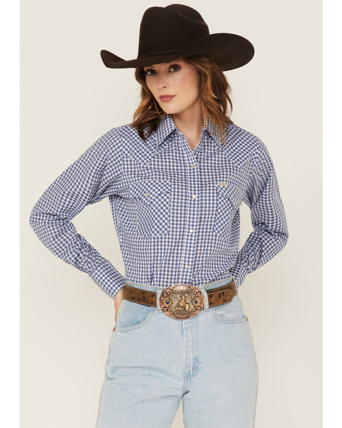 Cowboygirl by Jenna Paulette Women's Gingham Print Long Sleeve Pearl Snap Western Shirt, Blue, hi-res