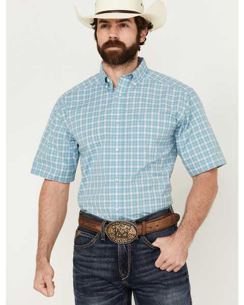 Image #1 - Ariat Men's Erin Plaid Print Short Sleeve Button-Down Performance Western Shirt - Big, Blue, hi-res