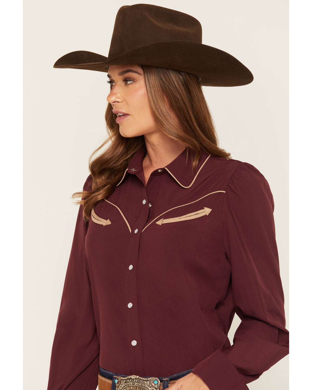 Image #2 - Howdy Hanny Women's Burgandy Solid Long Sleeve Pearl Snap Performance Stretch Western Shirt, , hi-res