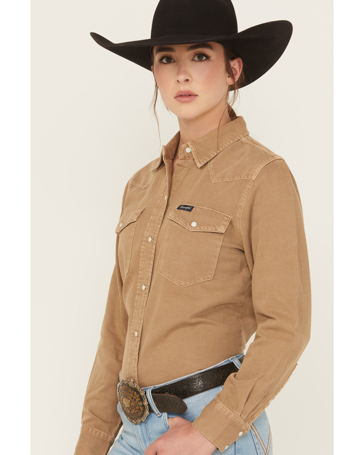 Image #2 - Wrangler Retro Women's Vintage Denim Long Sleeve Snap Western Shirt, Tan, hi-res