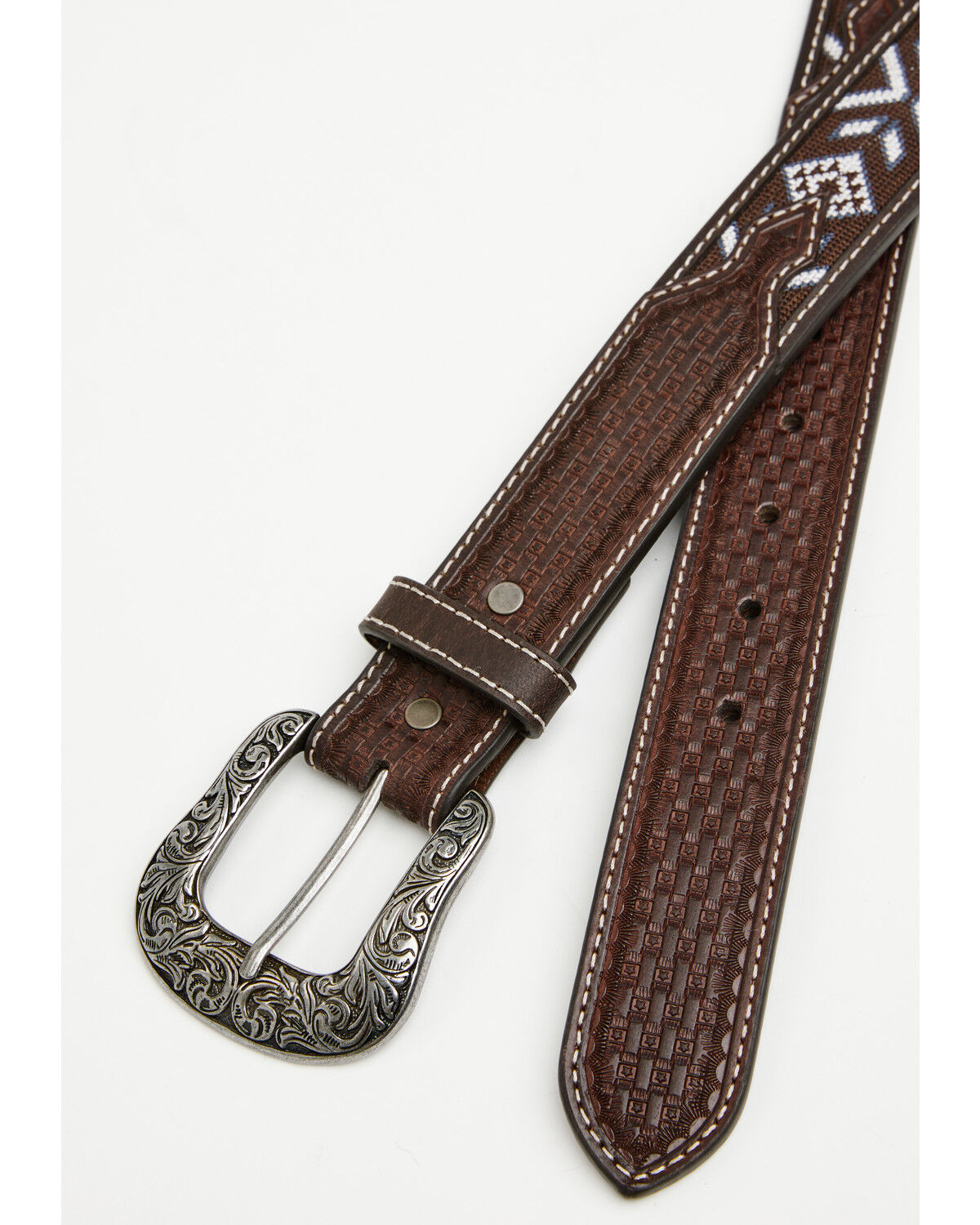 Image #2 - RANK 45® Men's McCoy Southwestern Cross-Stitch Leather Belt, Brown, hi-res