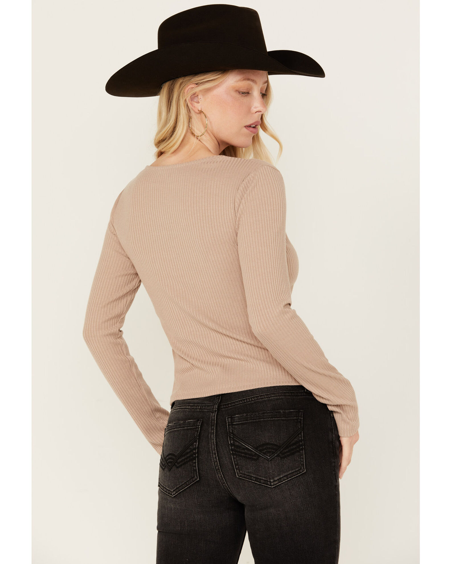 Image #4 - Miss Me Women's Boot Barn Exclusive Solid Long Sleeve Knit Top, Taupe, hi-res