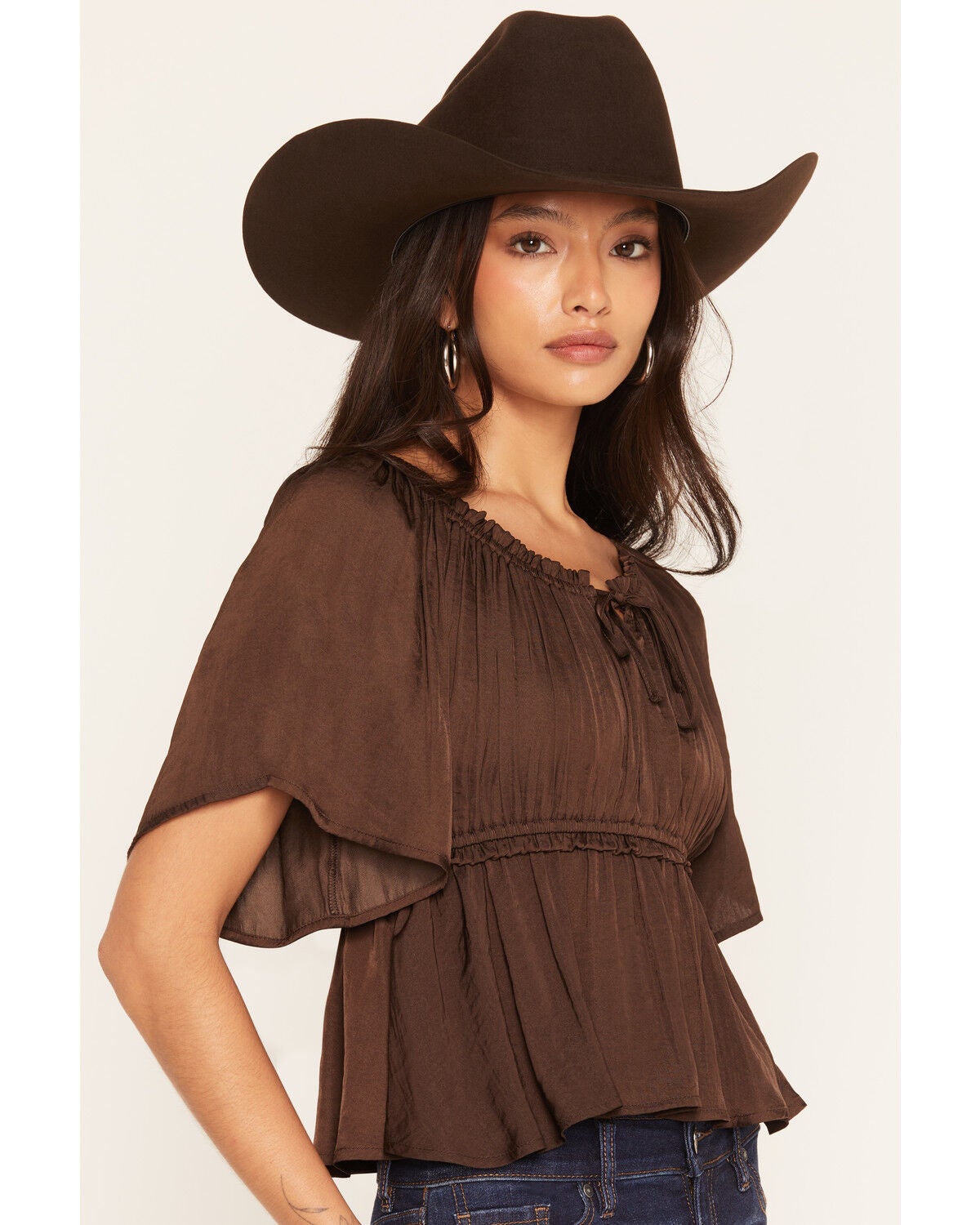 Image #2 - Shyanne Women's Hailey Satin Flounce Short Sleeve Peasant Blouse, Cognac, hi-res