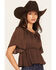 Image #2 - Shyanne Women's Hailey Satin Flounce Short Sleeve Peasant Blouse, Cognac, hi-res