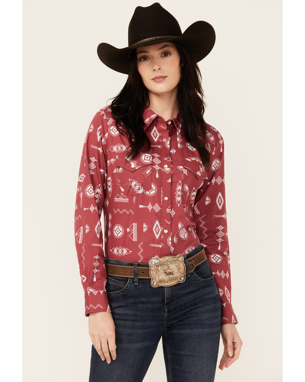 Image #1 - Wrangler Women's Southwestern Print Long Sleeve Pearl Snap Western Shirt, Red, hi-res