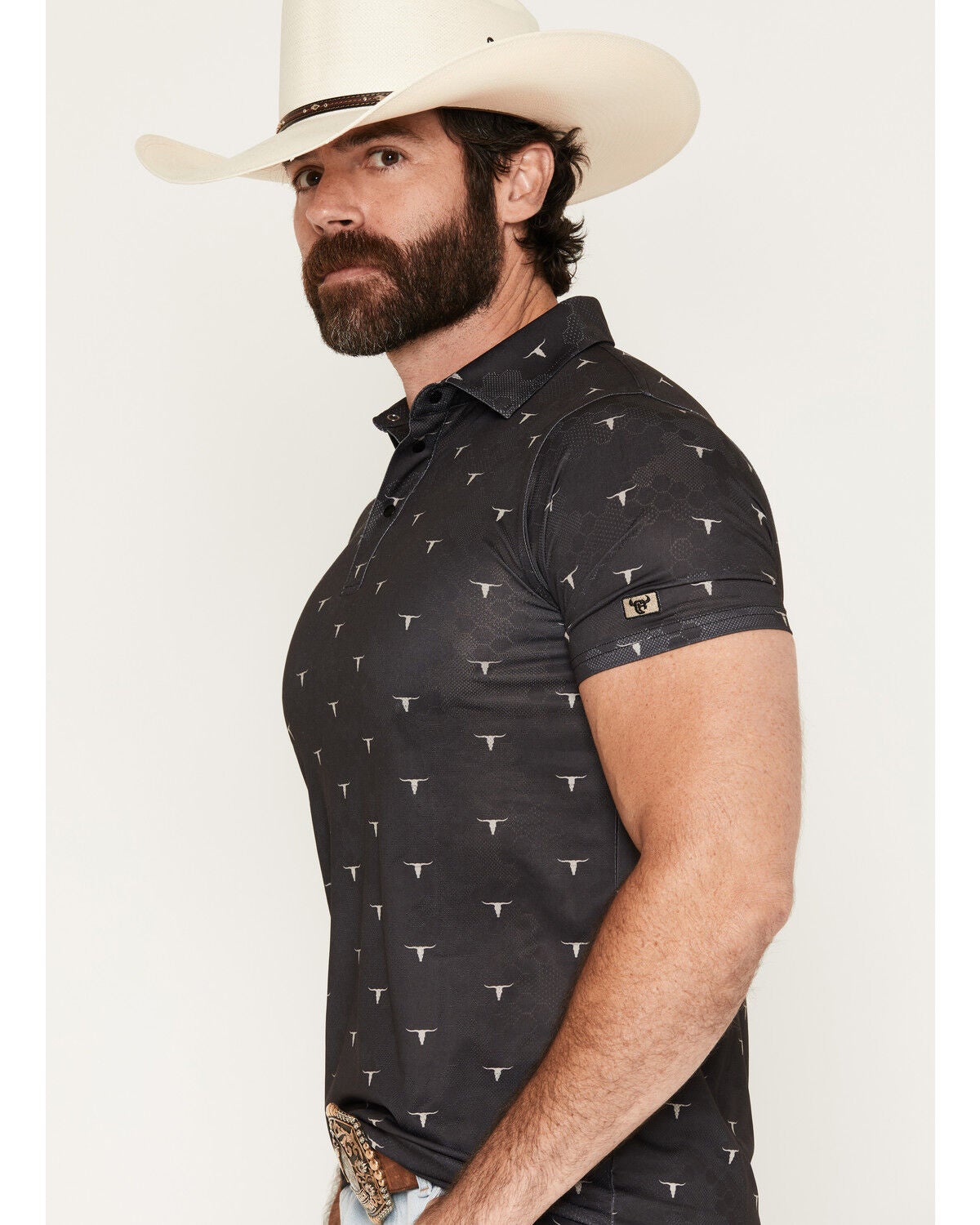 Image #2 - Cowboy Hardware Men's Skull Scatter Short Sleeve Snap Polo, Black, hi-res