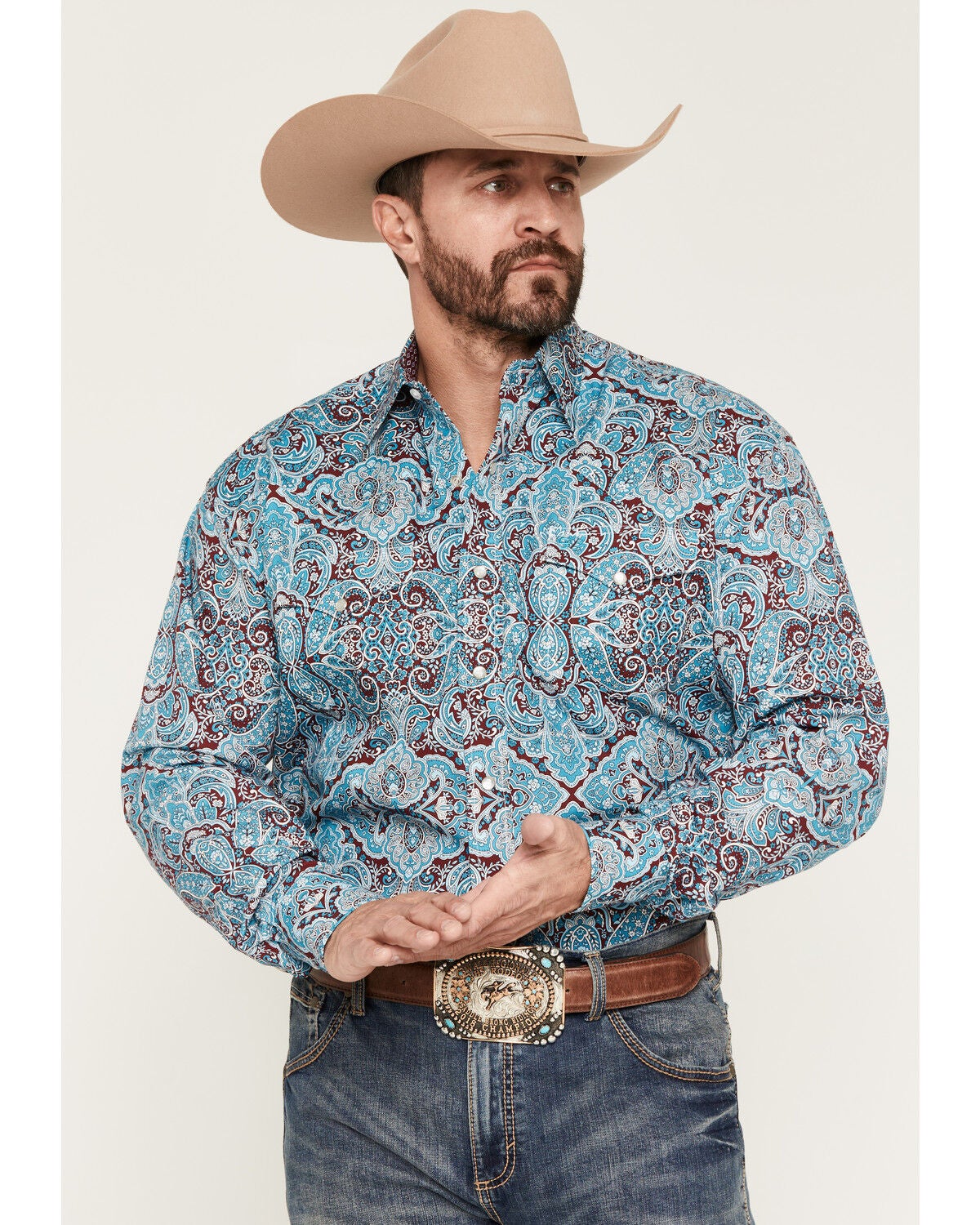 Image #1 - Stetson Men's Paisley Print Long Sleeve Snap Western Shirt, Blue, hi-res
