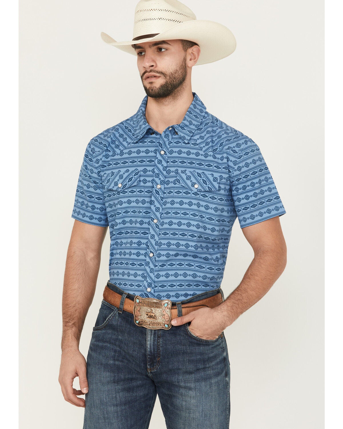 Panhandle Men's Southwestern Print Short Sleeve Snap Performance Western Shirt, Blue, hi-res
