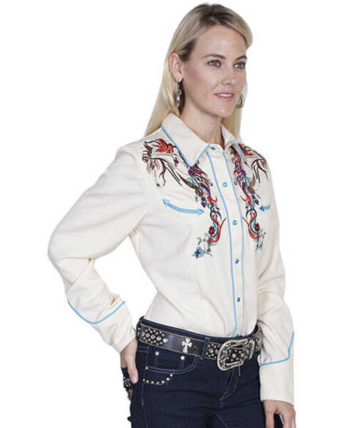 Image #3 - Scully Women's Colorful Horse Embroidered Long Sleeve Pearl Snap Shirt, Cream, hi-res