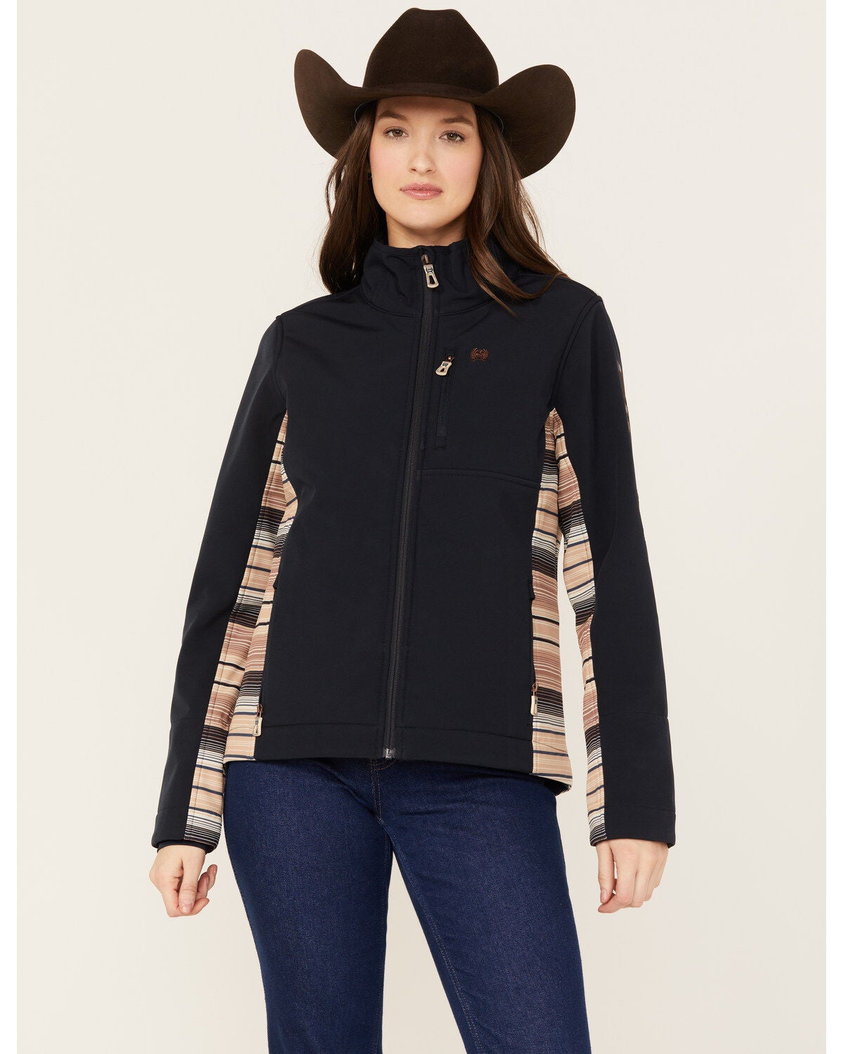 Cinch Women's Side Striped Concealed Carry Softshell Jacket, Navy, hi-res