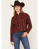 Image #1 - Ely Walker Women's Boot Barn Exclusive Floral Striped Long Sleeve Cropped Flannel Shirt, Burgundy, hi-res