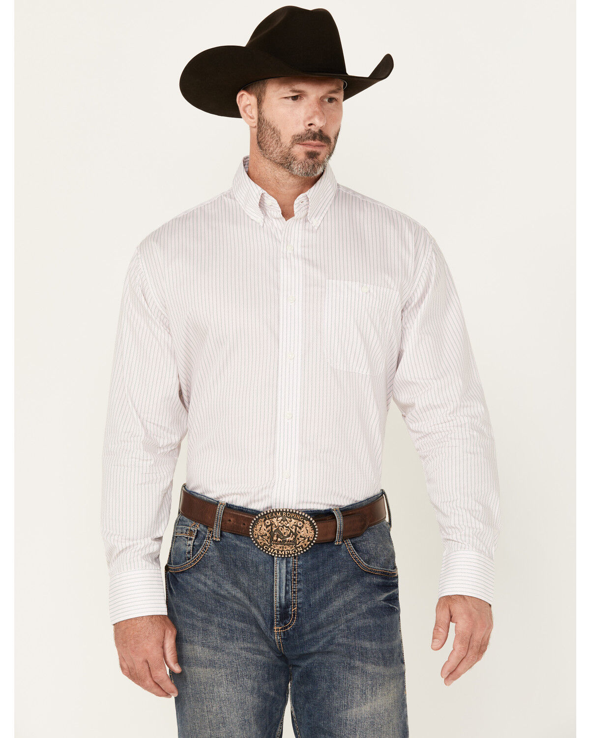Image #1 - Wrangler Men's Bucking Cancer Geo Print Long Sleeve Button-Down Western Shirt, White, hi-res
