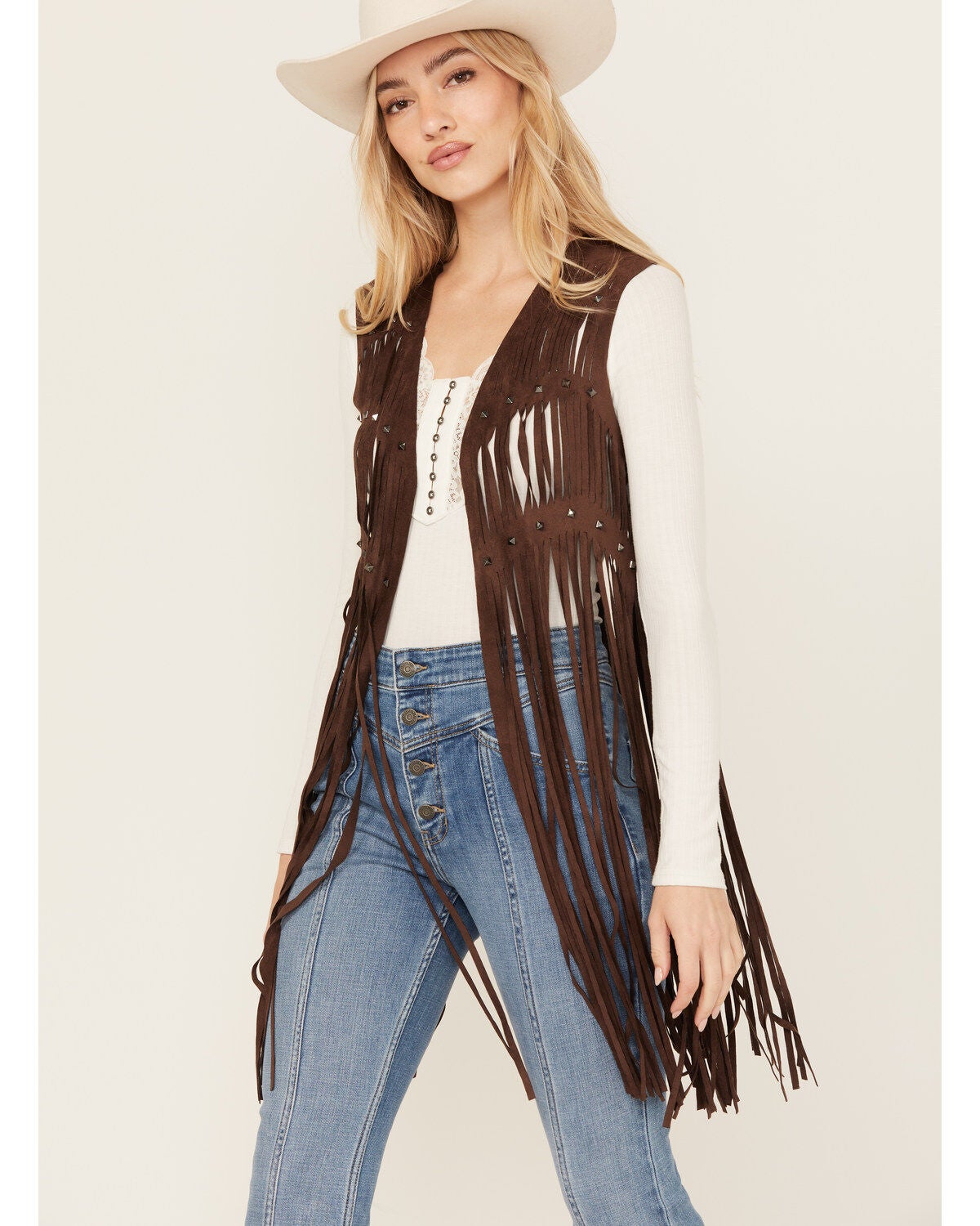 Idyllwind Women's Hattie Beaded Fringe Vest, Dark Brown, hi-res